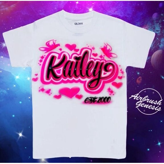 Airbrush T Shirt Script Name Hearts and Butterflies, Vintage Birthday Gift