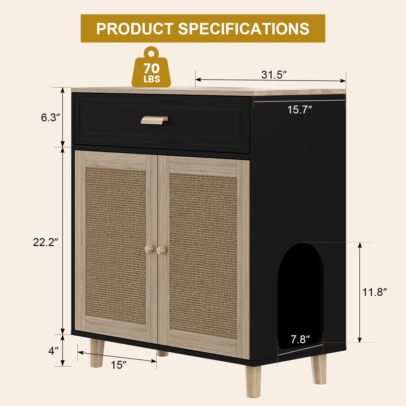 Faceket Wooden Ventilated Cat Litter Box Furniture with Scratching Board Doors and Drawer, Black