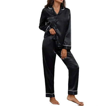 

Women s Button Front Long Sleeve Lapel Collar Top With Pants Satin Pajama 2 Pieces PJ Set