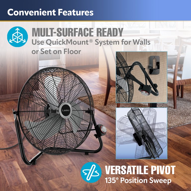 Lasko 20 Max Performance High Velocity Floor Fan with Wall Mount Option  and 3 Speeds, 2264QM, Black - Walmart.com
