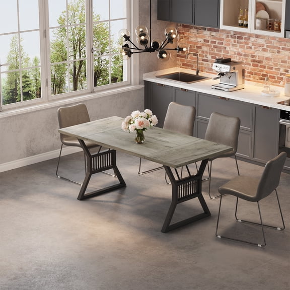 70.8" Industrial Farmhouse Dining Table for 6-8 — Rectangular Kitchen Table with Waterproof Top & Metal Legs — For Dining Room, Living Room, Home Office,Gray