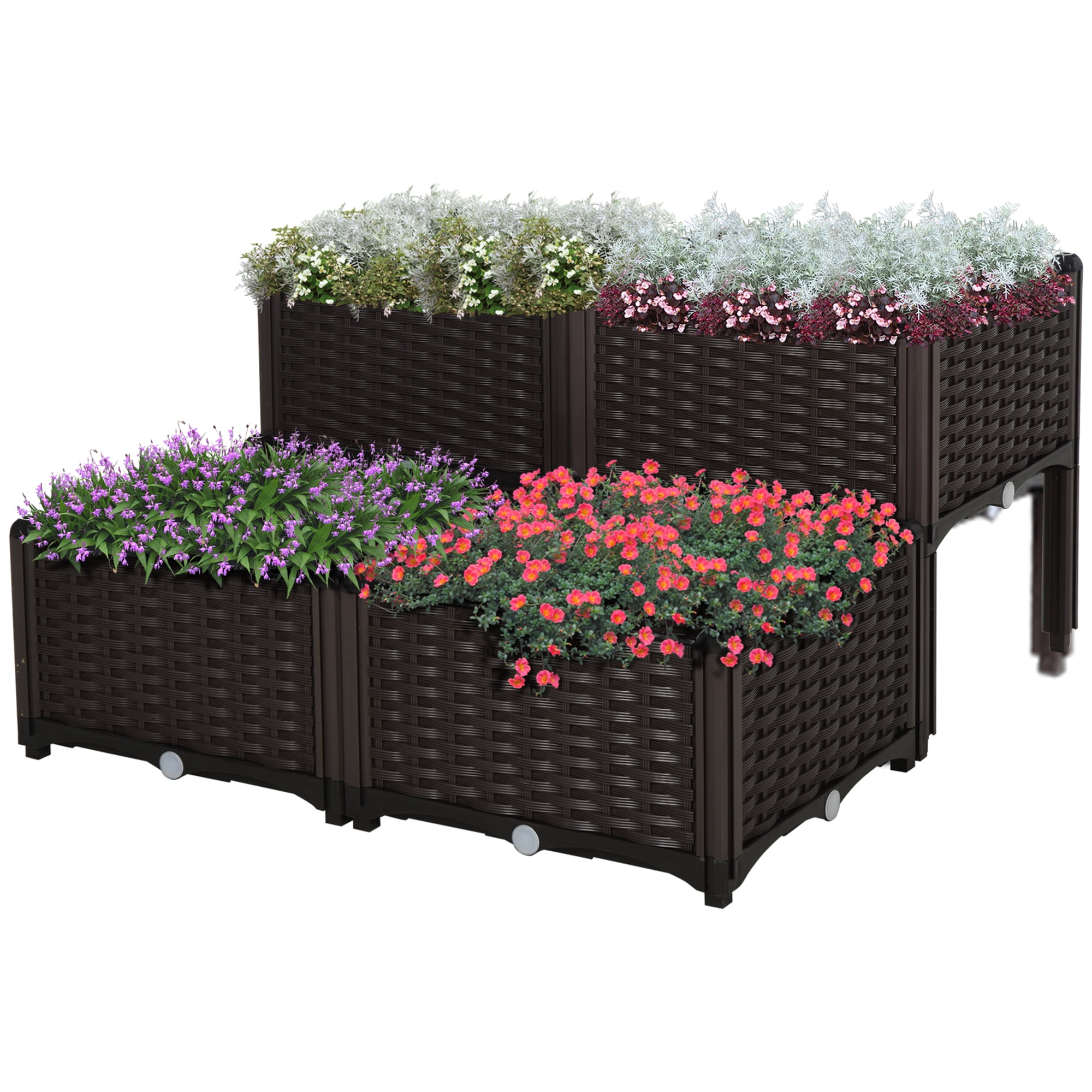 Garden Pots Outsunny 4 Piece Raised Garden Bed with Legs, Self-Watering Planter Box Raised Bed to Grow Flowers, Herbs & Vegetables, Brown,Outdoor Garden Planters