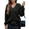 thumbnail image 1 of Suéter de Larga con Cuello en V para Mujer, Suéter Holgado de Punto Grueso de Gran Tamaño. Negro M, 1 of 8
