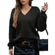 thumbnail image 1 of Suéter de Larga con Cuello en V para Mujer, Suéter Holgado de Punto Grueso de Gran Tamaño. Negro M, 1 of 8