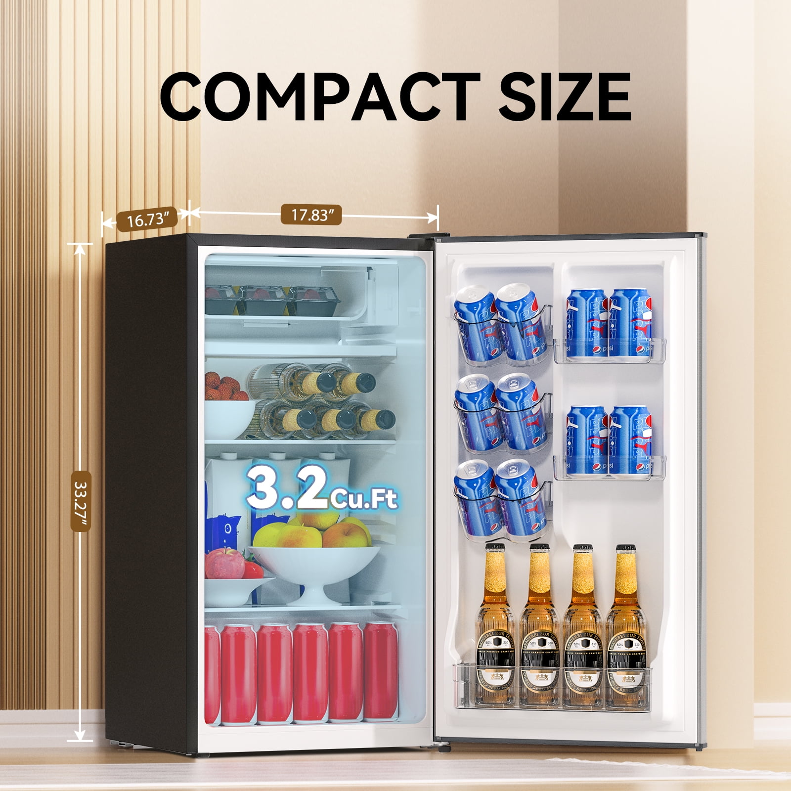 Frestec 3.2 Cu Ft Single-Door Mini Fridge – Stainless Steel Finish, New,Grey