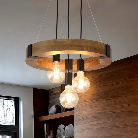 17.72" 3-Light Farmhouse Wooden Chandelier, Circular Rustic Natural Wood Pendant with Adjustable Height for Kitchen Island Dining Room Living Room Entryway