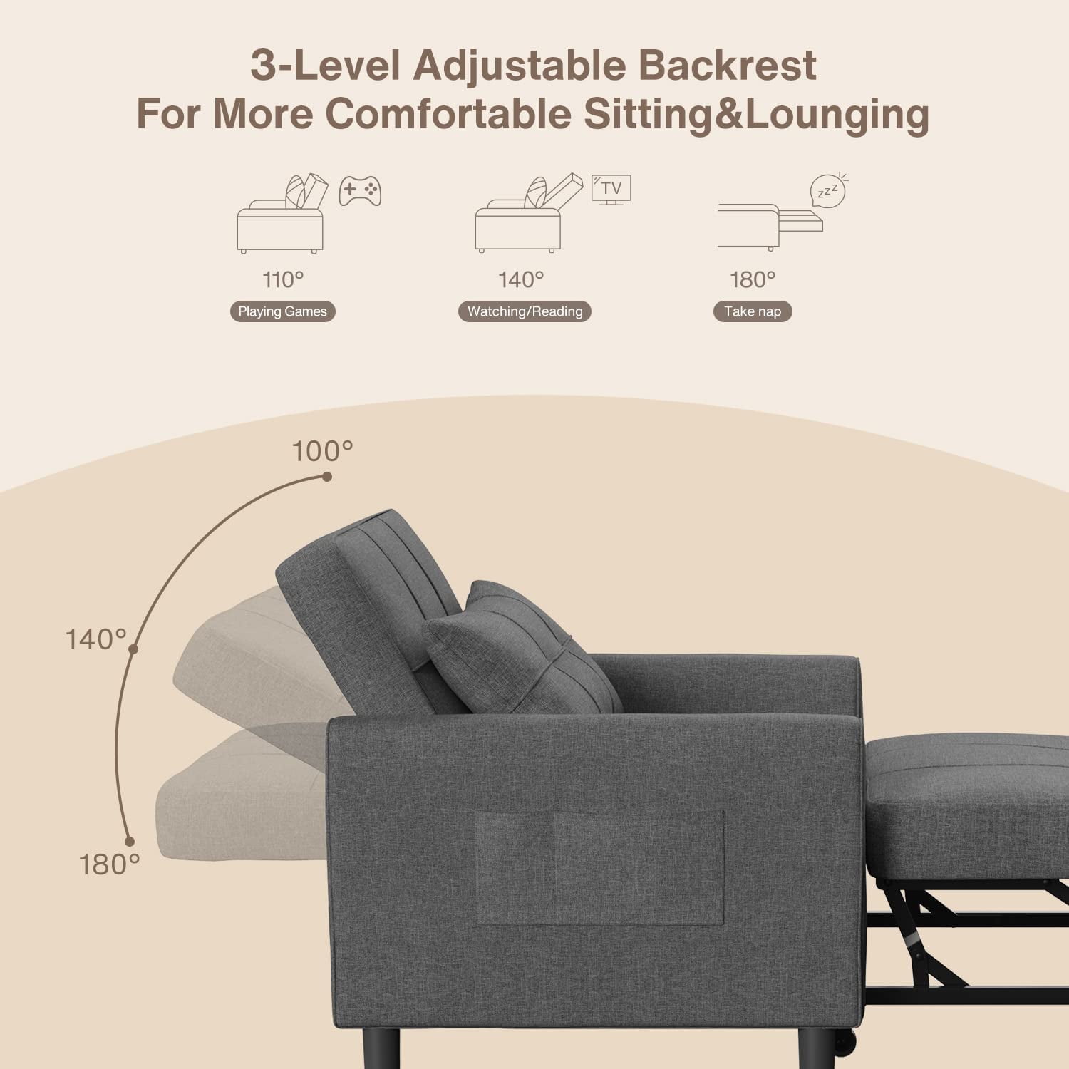Recliner Sofa, Lofka 3 in 1 Convertible Chair Bed with Adjustable Backrest for Living Room & Office, Dark Gray