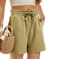 thumbnail image 6 of RYRJJ Womens Linen Shorts High Waisted Wide Leg Drawstring Ruffle Shorts Summer Casual Loose Beach Shorts with Pockets(Khaki,XL), 6 of 9