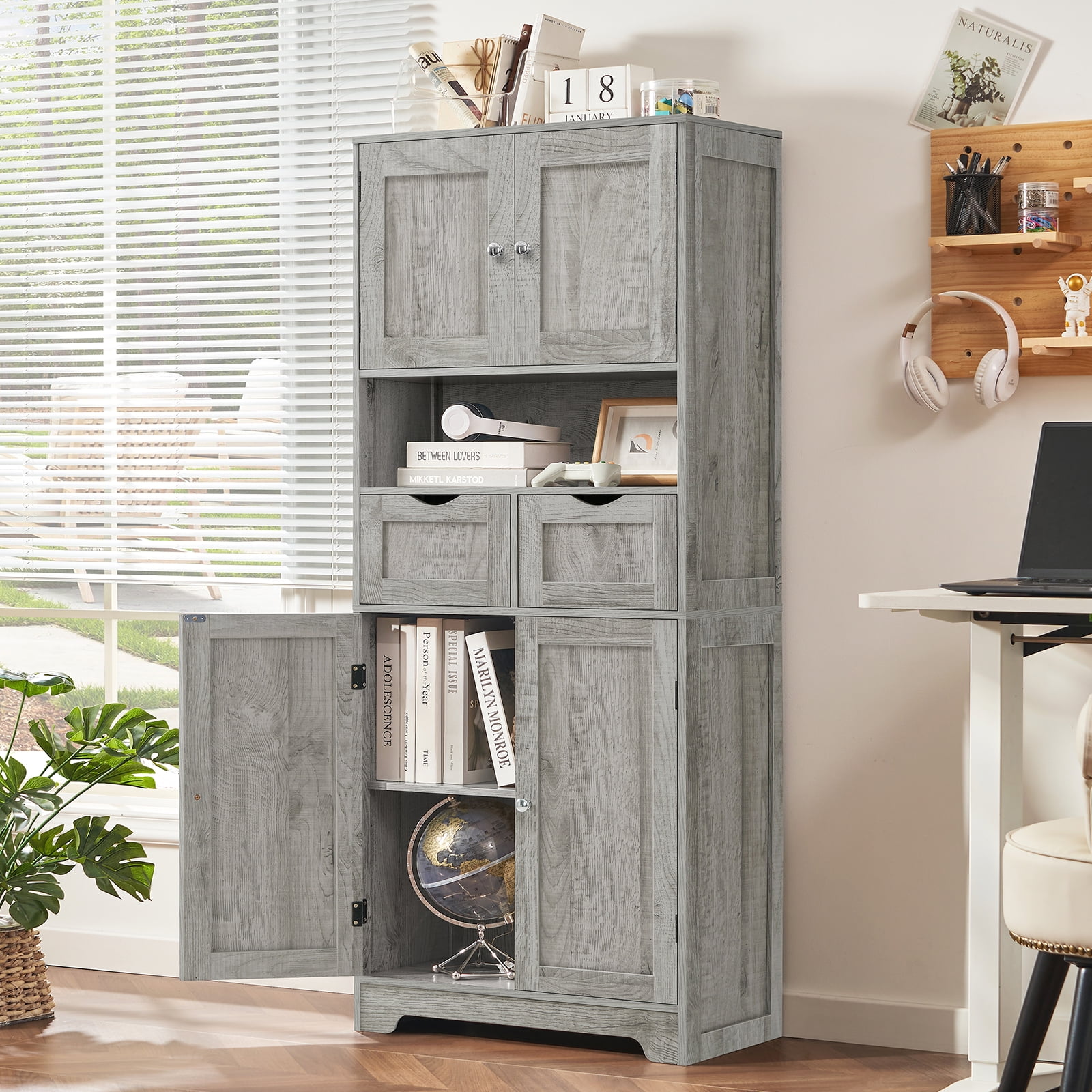 57.8" H Tall Storage Cabinet with Adjustable Shelf, Bathroom Cabinet with 2 Drawers, Linen Cabinet for Living Room, Black