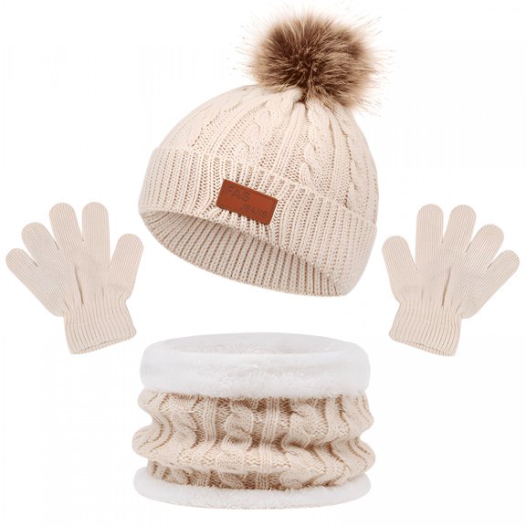 TELOLY Kids Hat Scarf Gloves Set, Kids Winter Beanie Hat Scarf Gloves Set with Knit Thick Warm Fleece Lined for 2-8 Years Old, Beige