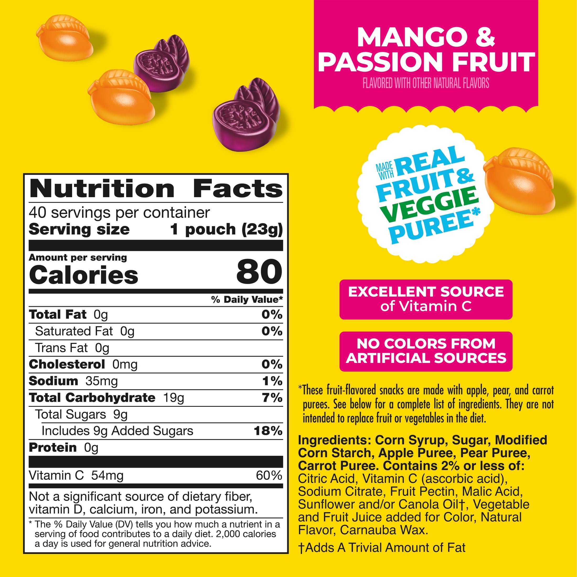 Mott's Fruit Flavored Snacks, Mango and Passion Fruit, Gluten Free, 40 Count, 32 oz