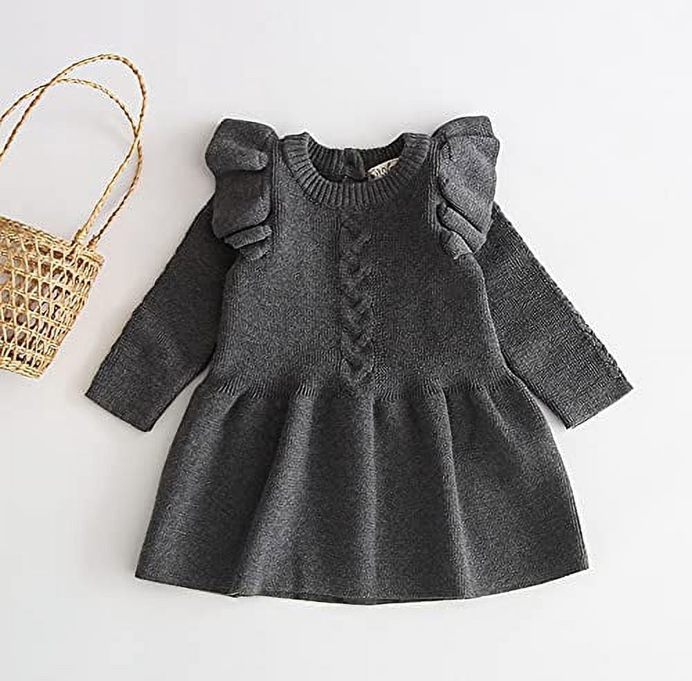 Styles I Love Baby Toddler Girls Knit Sweater Ruffle Long Sleeve Cotton Dress Little Princess Solid Dressy Outfit (Grey, 2T)