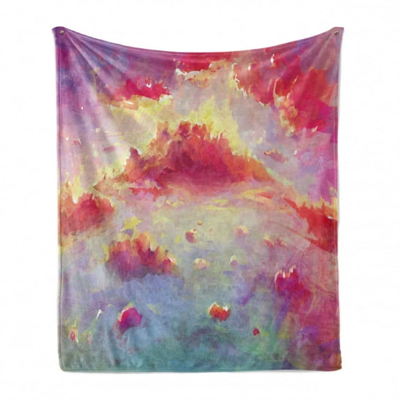 Coral Soft Flannel Fleece Blanket, Vibrant Illustration of Clouds Scenic Sunset Fluffy Fantasy Magnificient, Cozy Plush for Indoor and Outdoor Use, 70" x 90", Coral Purple Pale Blue, by Ambesonne