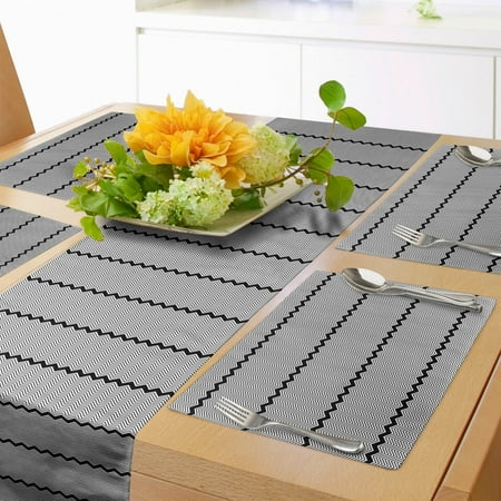 

Minimalism Table Runner & Placemats Contemporary Zigzag Horizontal Stripes Chevron Boho Tribal Art Nouveau Set for Dining Table Placemat 4 pcs + Runner 16 x90 Black White and Grey by Ambesonne