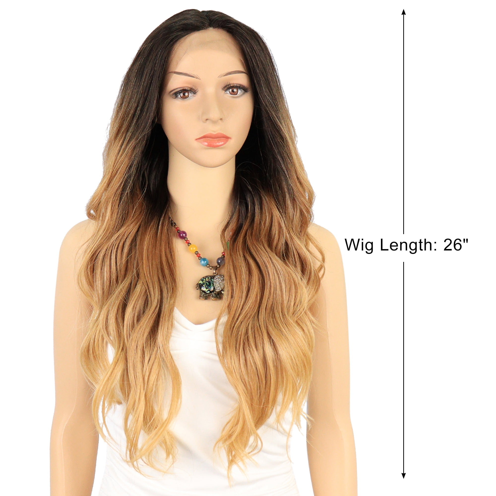 Unique Bargains Lace Front Wigs Long Body Wave for Women Lady Gradient Brown