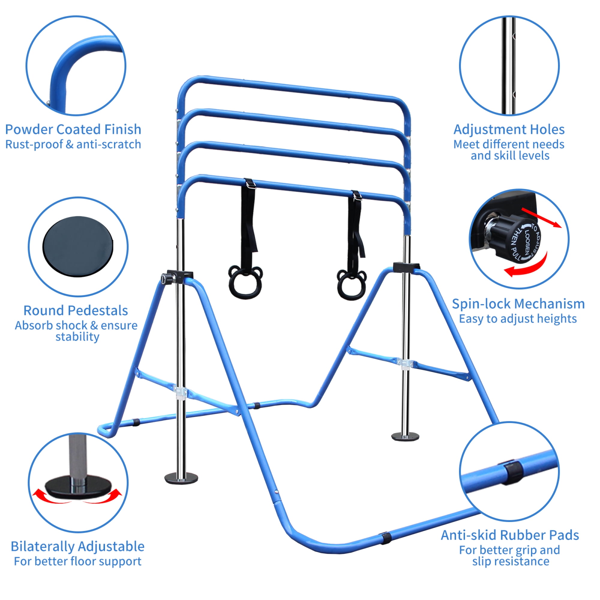 Leumius Gymnastics Bar for Kids,35"-51" Adjustable Height Steel Gymnastic Horizontal Bars with Bear Rings,Gymnastics Equipment for Indoor/Outdoor Training,Blue