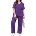 thumbnail image 5 of Fantaslook Lounge Sets for Women Casual 2 Piece Outfits Summer V Neck Short Sleeve Tops and Wide Leg Pants Pajamas Sets, 5 of 9