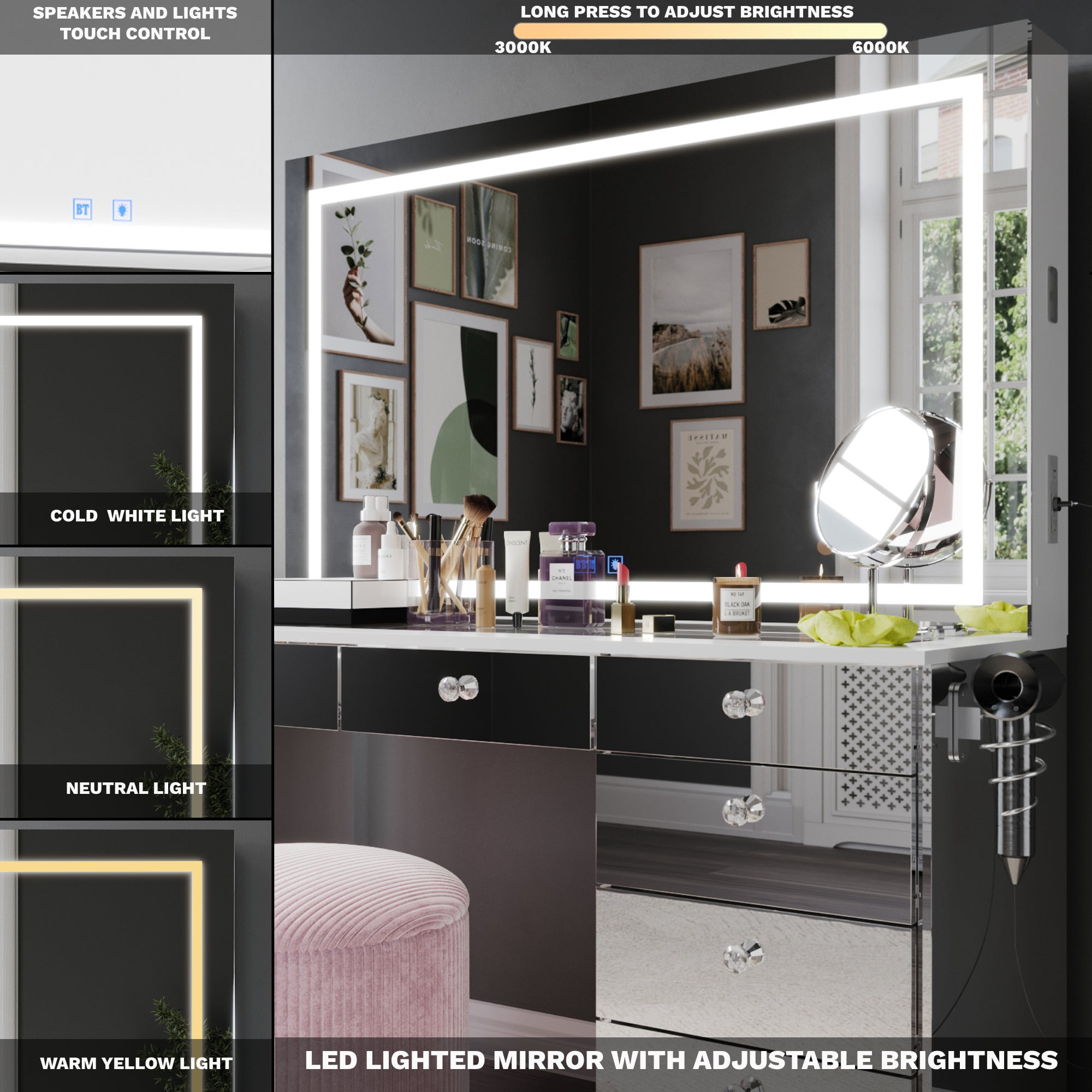 Boahaus Zoe Vanity Set with LED Mirror, Bluetooth Speakers & Large Storage, Mirrored
