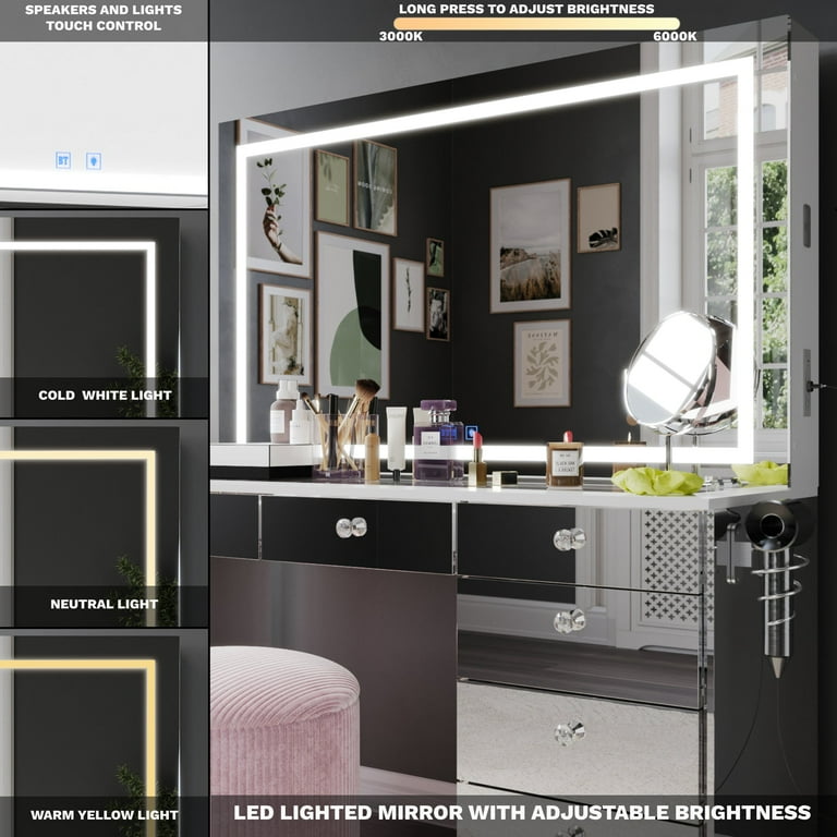 Boahaus Zoe Vanity Set with LED Mirror, Bluetooth Speakers & Large Storage, White