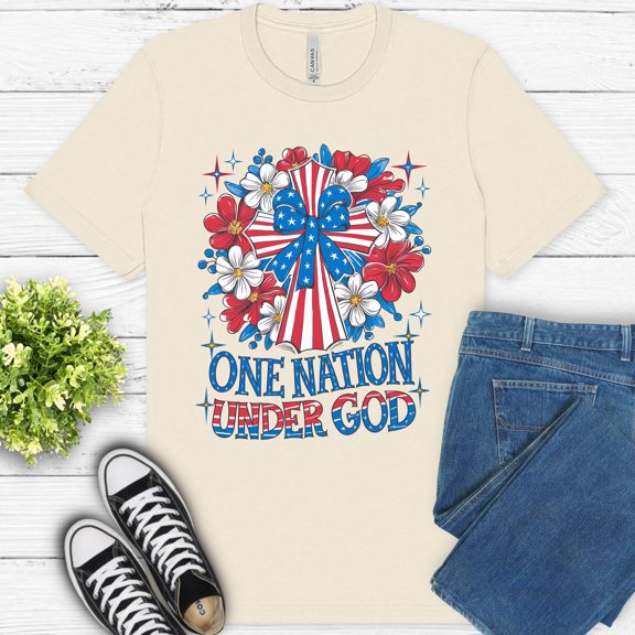 Faith and Freedom Shirt, USA Cross with Flowers Religious Graphic Tee, Natural, S