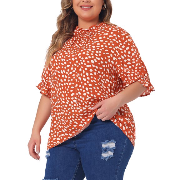 DARING DIVA Women's Plus Polka Dots Print Ruffle Hem Mock Neck Blouse 1X Orange