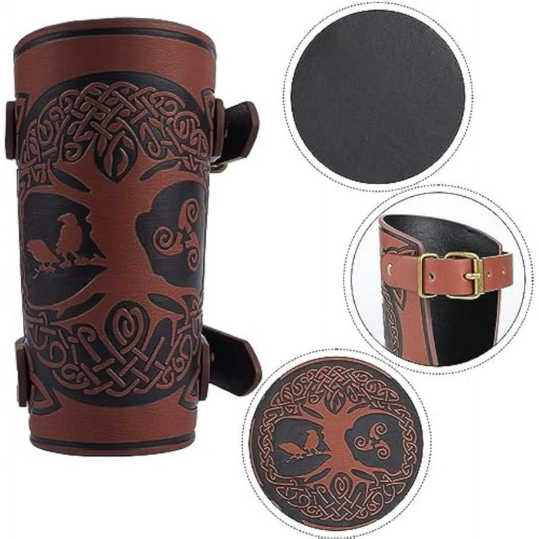 2PCS World Tree Embossed Leather Arm Bracers Viking Leather Gauntlet  Wristband Knight Arm Armor Cuff Archery 