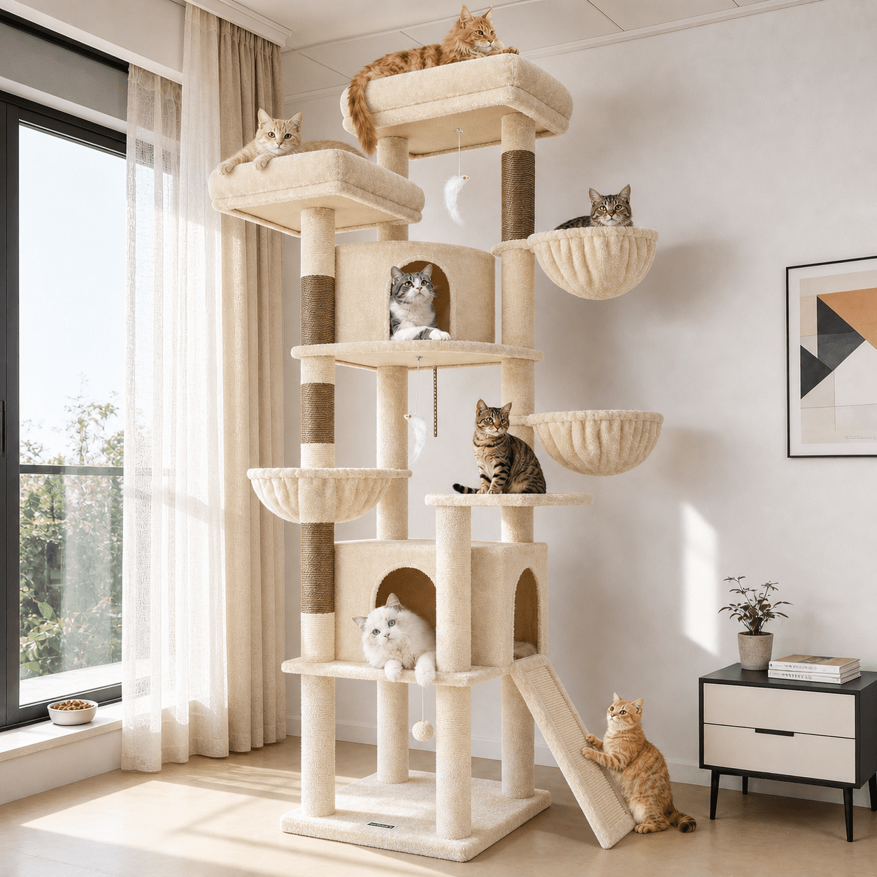 Globlazer Cat Tree, 76" Heavy Duty Cat Tower for Big Cats with Large Top Perch, Condo & Scratching Posts, Beige