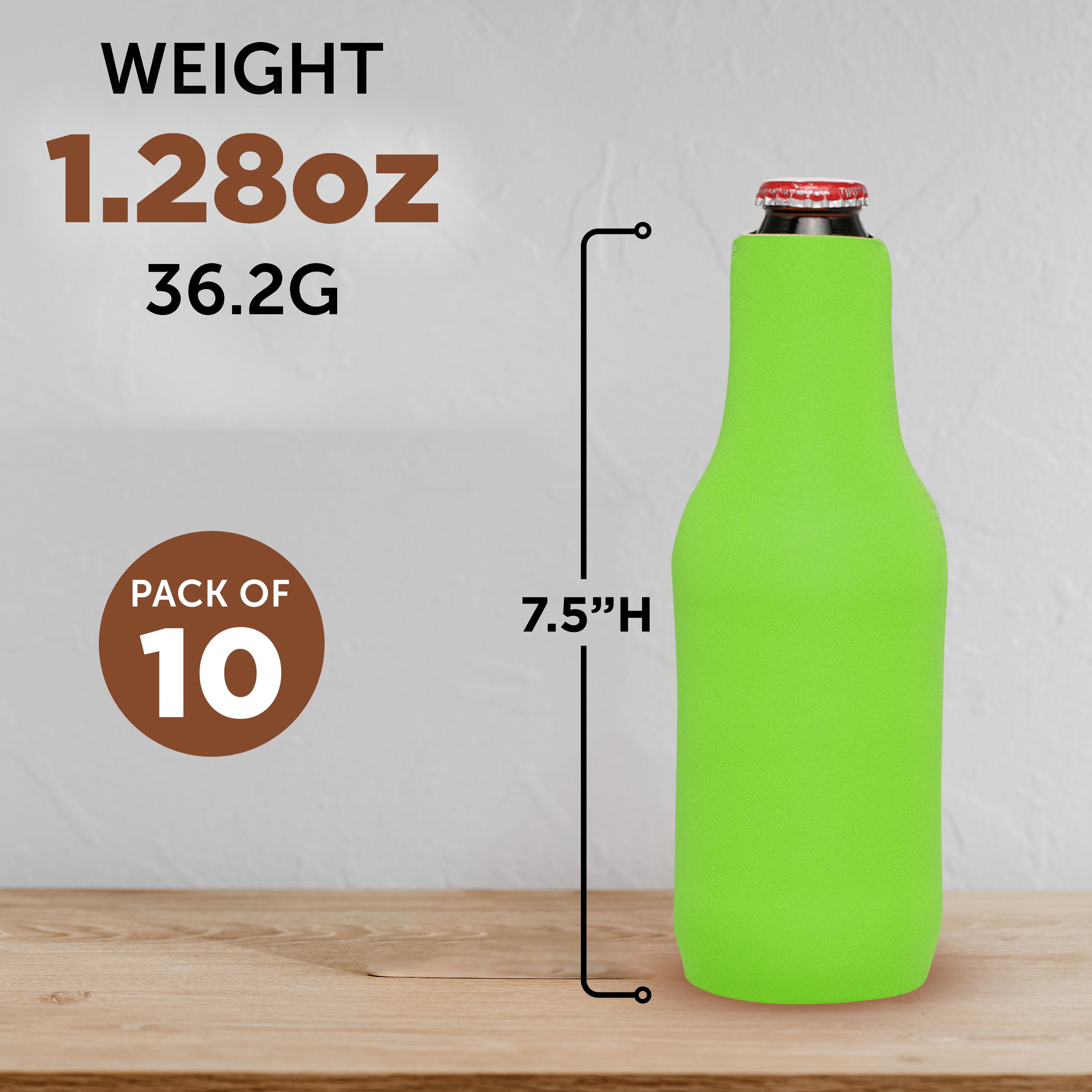 10 Neoprene Zippered Beer Bottle Coolies Pack - Sharkskin Rubber Bottom - Lime Green