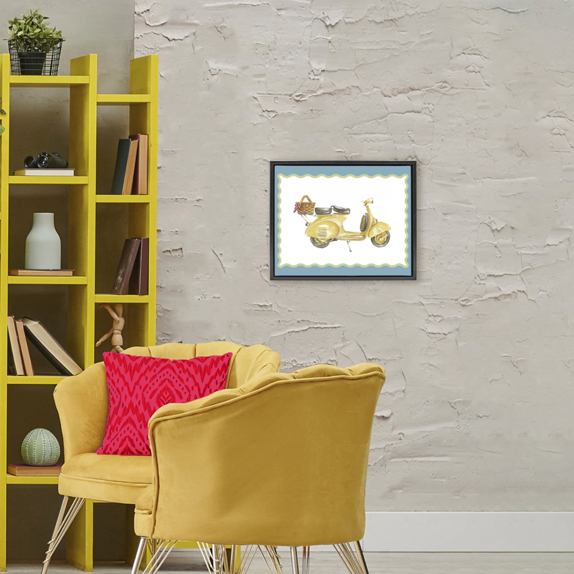 Stupell Industries Yellow Vespa with Wavy Border Black Framed Floater Canvas Wall Art, design by Lanie Loreth