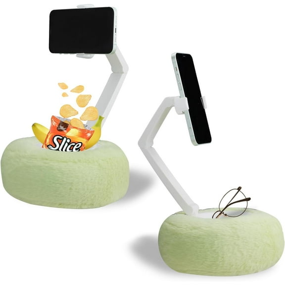JUMRHFAN Pillow Stand Holder for Reading in Bed, Compatible with 2.3"-3.5" Phone/iPhone, Google, Samsung, Kindle, Portable Adjustable Phone Holder for Bed with Soft Plush Fabric and Snack Bowl, Green