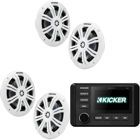 Kicker 46KMC4 Marine Gauge-Style Source & (2 Pair ) 49KM604W 6.5" White Marine Speakers bundle