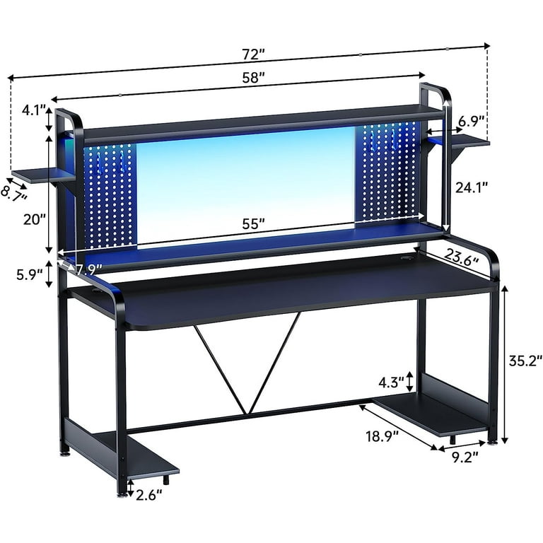 Sedeta 55 inch Computer Desk with Hutch and Shelves, Gaming Desk with LED Lights, Pegboard and Monitor Shelf, Black