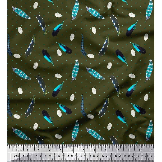 Soimoi Green Poly Georgette Fabric Dot & Feather Print Fabric by the Yard 42 Inch Wide