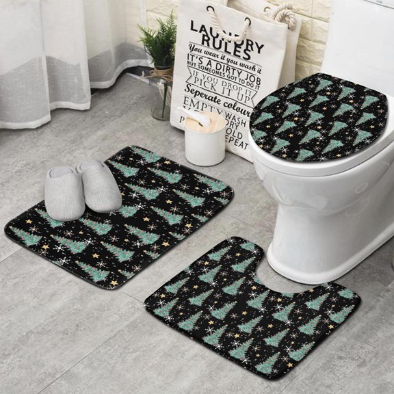 Black Christmas Tree Pattern Bathroom Rugs Sets 3 Piece,Toilet Cover Set,Absorbent Non Slip Bathroom Mats Sets with U-Shaped Contour Rug Toilet Rug Set