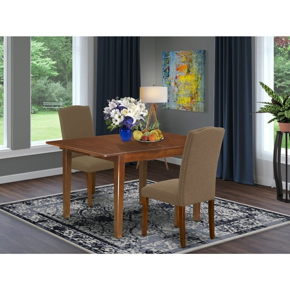 Rectangular Dining Table Set - 3pc Table & 2 Parsons Chairs - Dark Coffee Linen Fabric - 42" to 53.5"