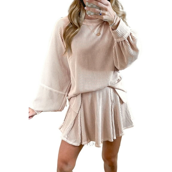 Women's Jet Stream Corded Lantern Sleeve Top & High Waist Ruffled Mini Skirt Set - [ZhiHiMeRi] | (US 12-14)L