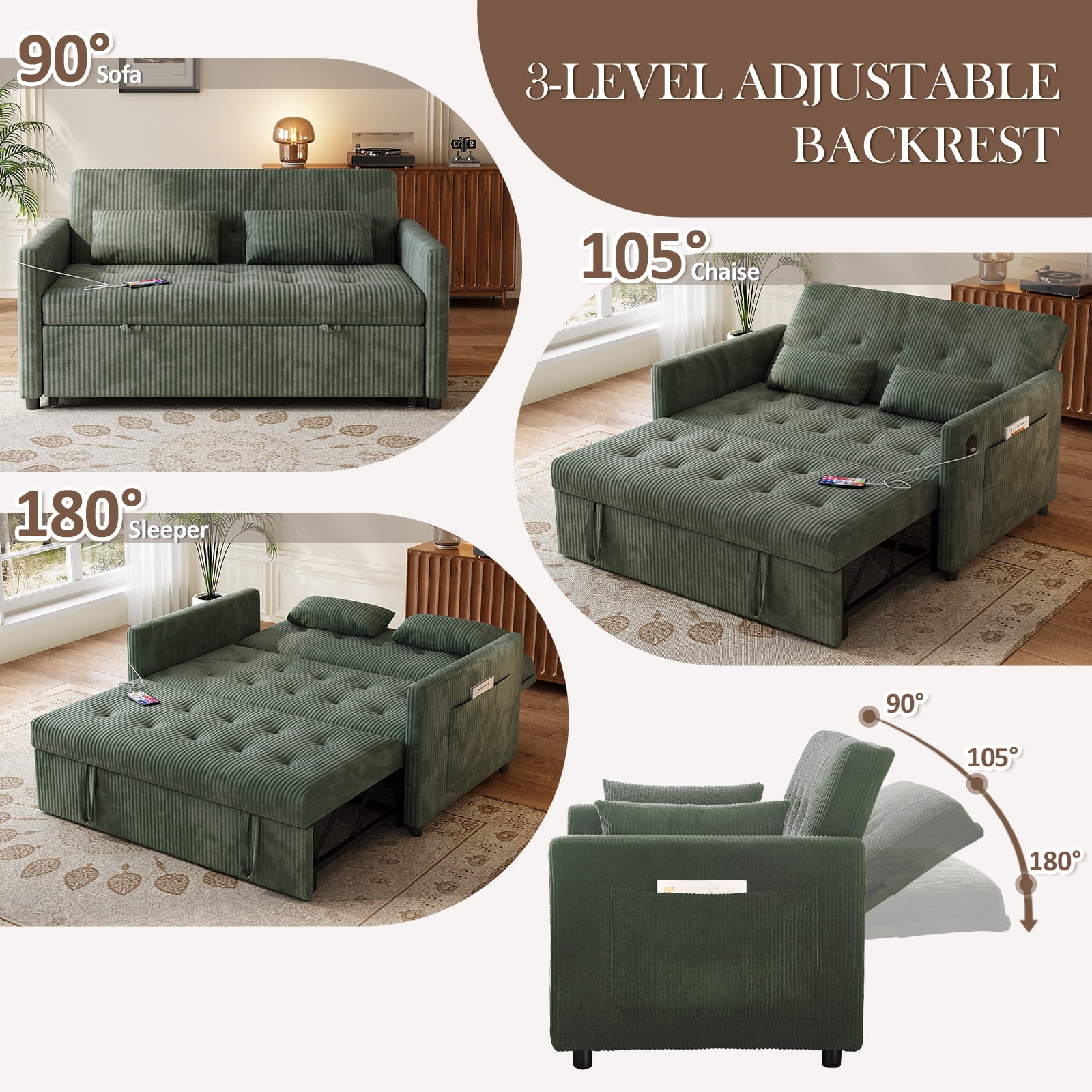 Loveseat Sleeper Sofa,Convertible Sofa Bed,3-in-1 Modern Couch with Pull Out Bed,Sofa Bed with Pockets and USB for Small Spaces,Green