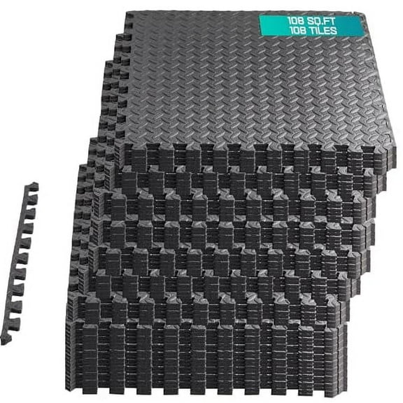 Yes4All 108pcs Interlocking Exercise Mat, Cover 108 Sqft, 7/16" Thick - Black