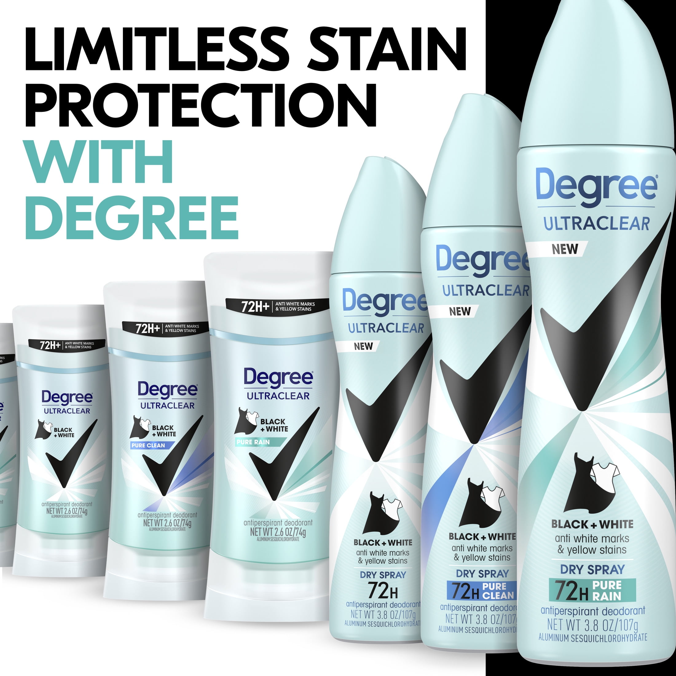Degree UltraClear Women's Antiperspirant Deodorant Stick Pure Rain Black+White, 2.6 oz Twin Pack