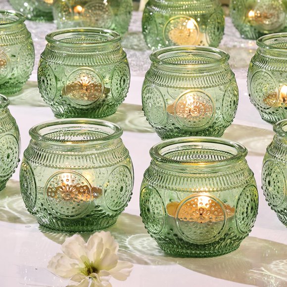 12 portavelas votivos de cristal verde LAMORGIFT de 5 x 5 cm
