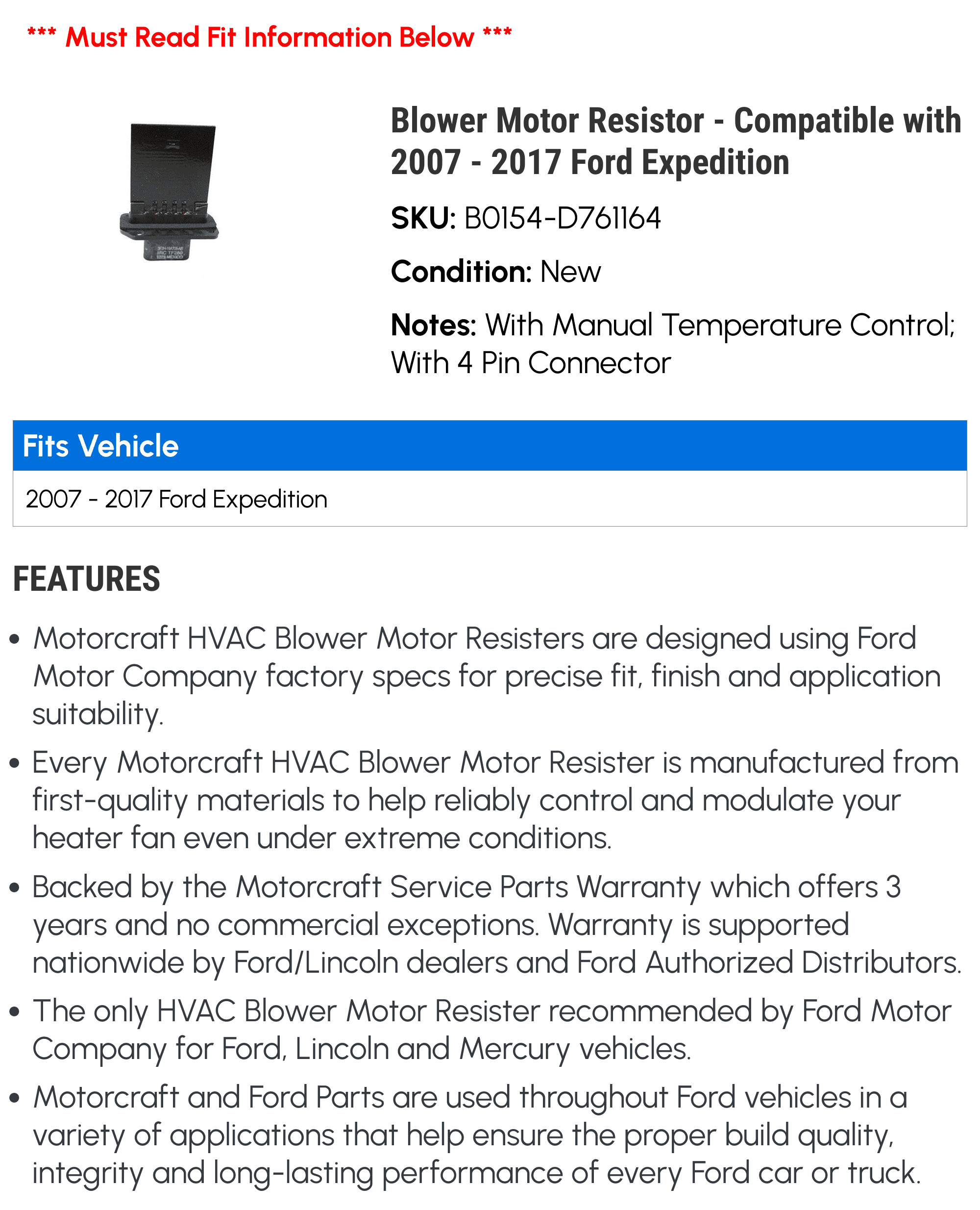 Blower Motor Resistor - Compatible with 2007 - 2017 Ford Expedition 2008 2009 2010 2011 2012 2013 2014 2015 2016