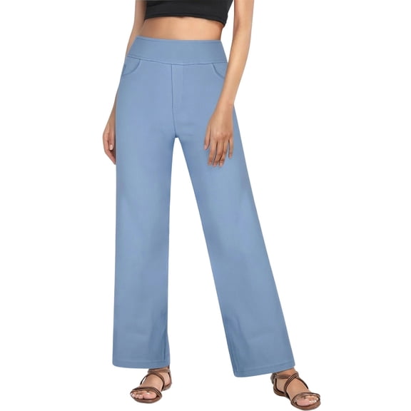 Qiyinn Women's Elastic High Waist Wide Leg Straight Jeans Casual Denim Long Trousers Pant With Pockets