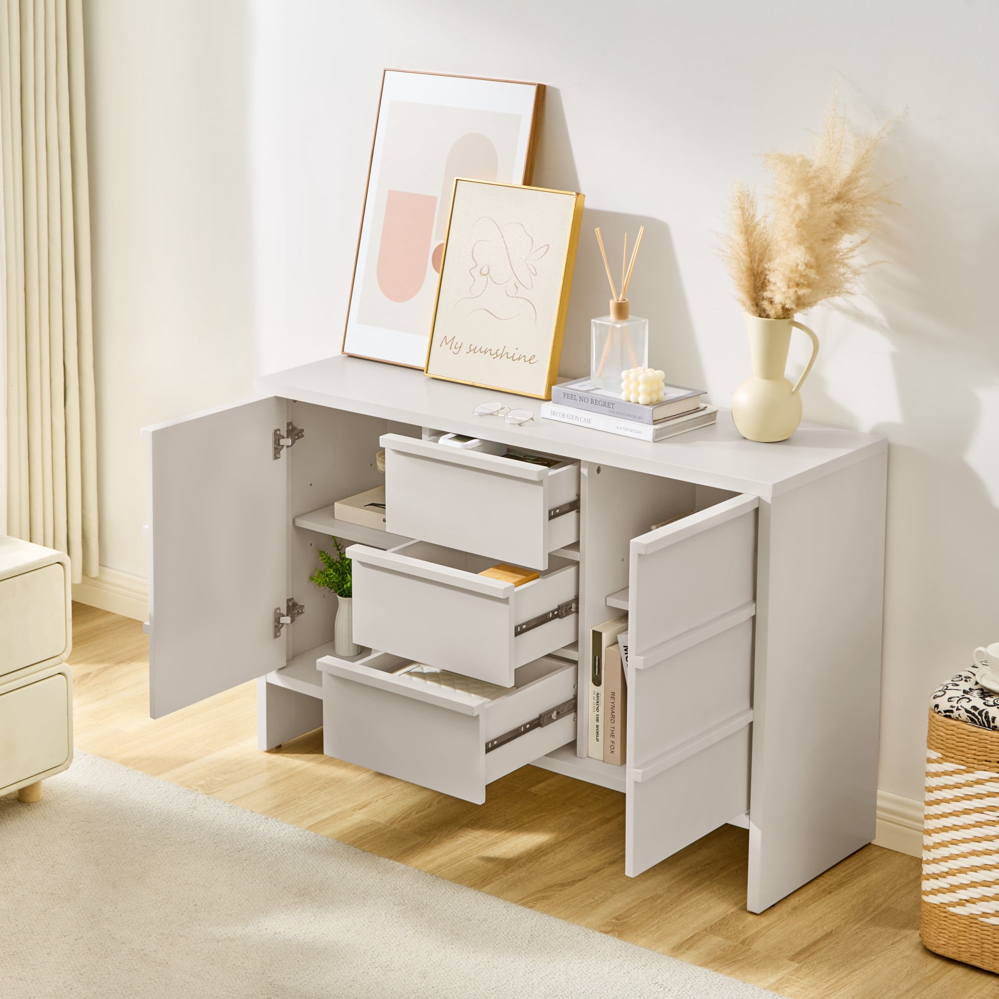 Leumius 47.3" Modern Sideboard Buffet Cabinet, Accent Console Table with 2 Doors, 3 Drawers and Solid Wood Handles, Multipurpose Storage Cabinet for Kitchen, Dining Room and Living Room White