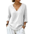 thumbnail image 5 of Qzwdhjm Linen 3/4 Sleeve Tops for Women V Neck Loose Fit Shirts with Frayed Hem Summer Fall Casual Blouses for Dailywear, 5 of 8