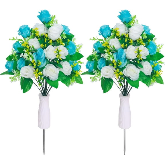 Artificial Cemetery Flowers,Grave Flowers, Grave Decorations Roses,Graveyard Memorial Flowers with Cemetery Vase for Grave Arrangements (2, White & Blue)