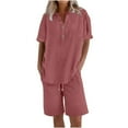 thumbnail image 2 of Linen Short Sets for Women 2 Piece Outfits Short Sleeve Button V Neck Shirts and Bermuda Short Sets Vacation Clothes 2026 Red S, 2 of 6