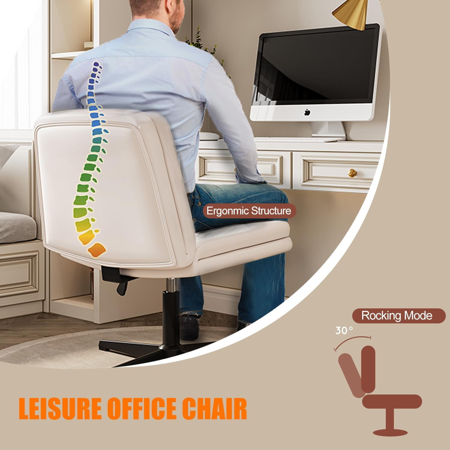 Armless Criss Cross Chair Comfy Cross Legged Home Office Desk Chair Computer Chair Vanity Chair for Makeup Room, Living Room Chairs (Cream)