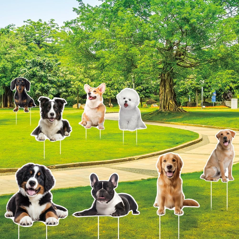 8Pcs Dog Yard Sign with 16 Stakes Cute Dog Party Lawn Decorations Animal Theme Party Waterproof Sign Yard Outdoor Lawn Decorative Sign