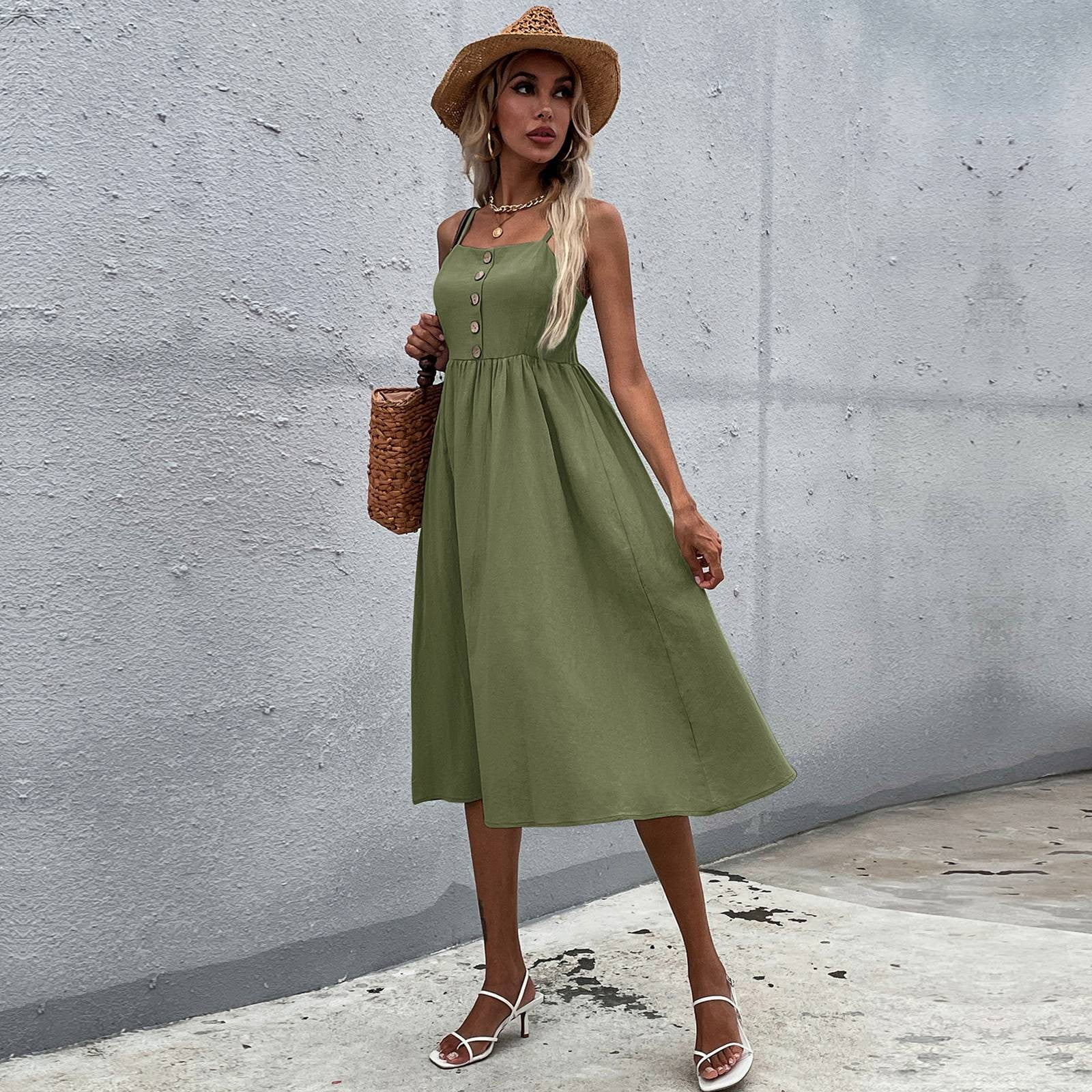 Women's Casual Slim Fit Linen Dress Solid Color Camisole Elegant  Comfortable Flowy Summer Outfit - Walmart.com