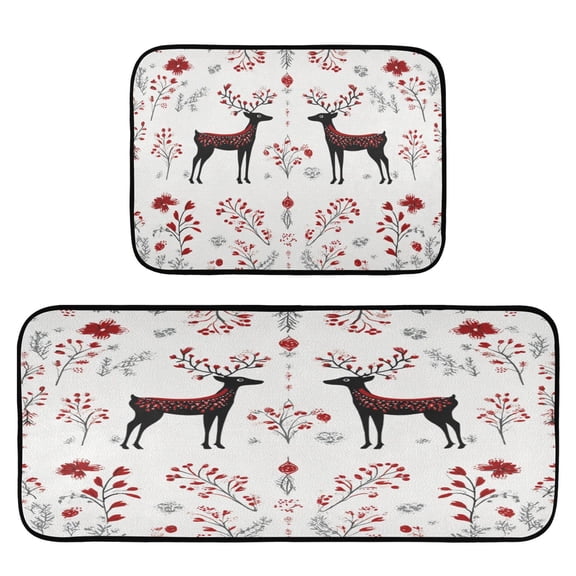2-Piece Kitchen Rugs Set Non-Slip Mats Carpet Floor for Kitchen, Bathroom (19.7"x27.6" & 19.7"x47.2") Reindeer Pattern